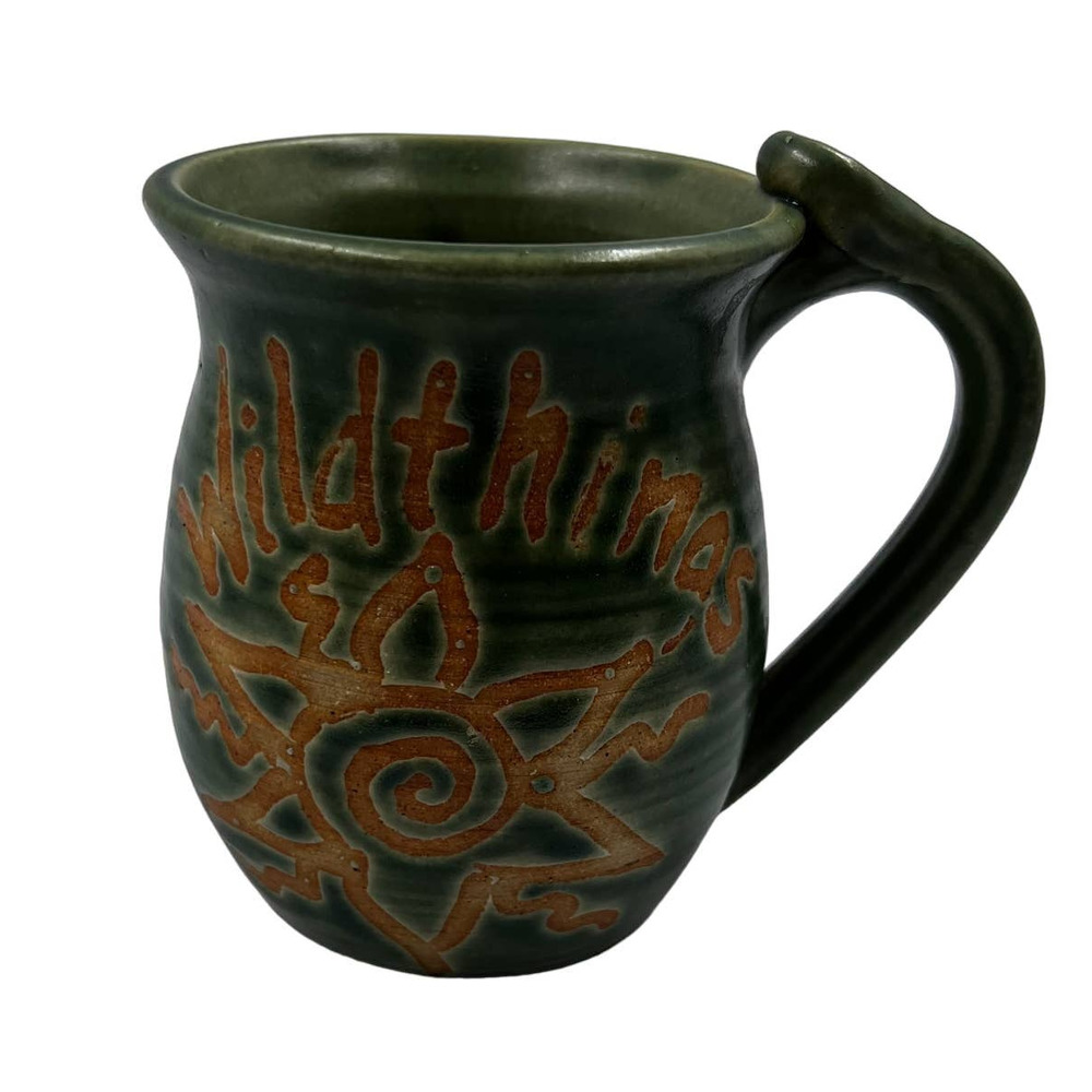 Vintage Handmade Etched Wild Things‎ Blazing Sun Green Signed Glazed Ceramic Mug